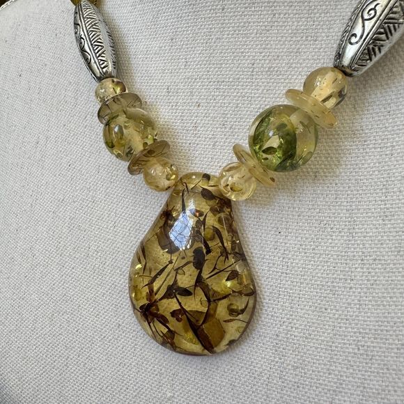 Chunky Vintage Confetti Lucite Faux Amber Graduated Bead Necklace 15" Retro MCM - Picture 14 of 14